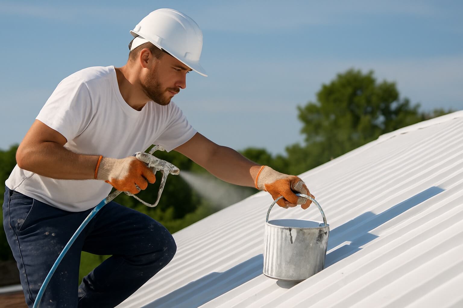 roof painter painting a white roof