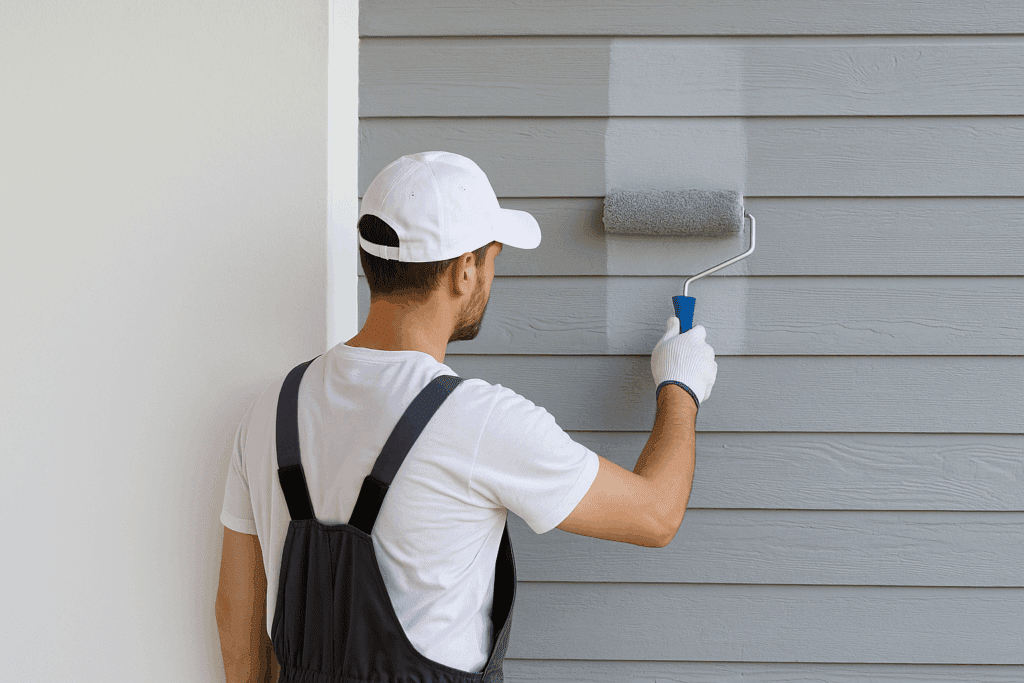 Painting professional working on exterior wall