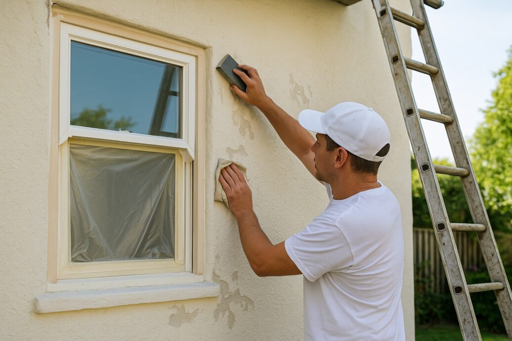 painter sanding an exterior painting wall