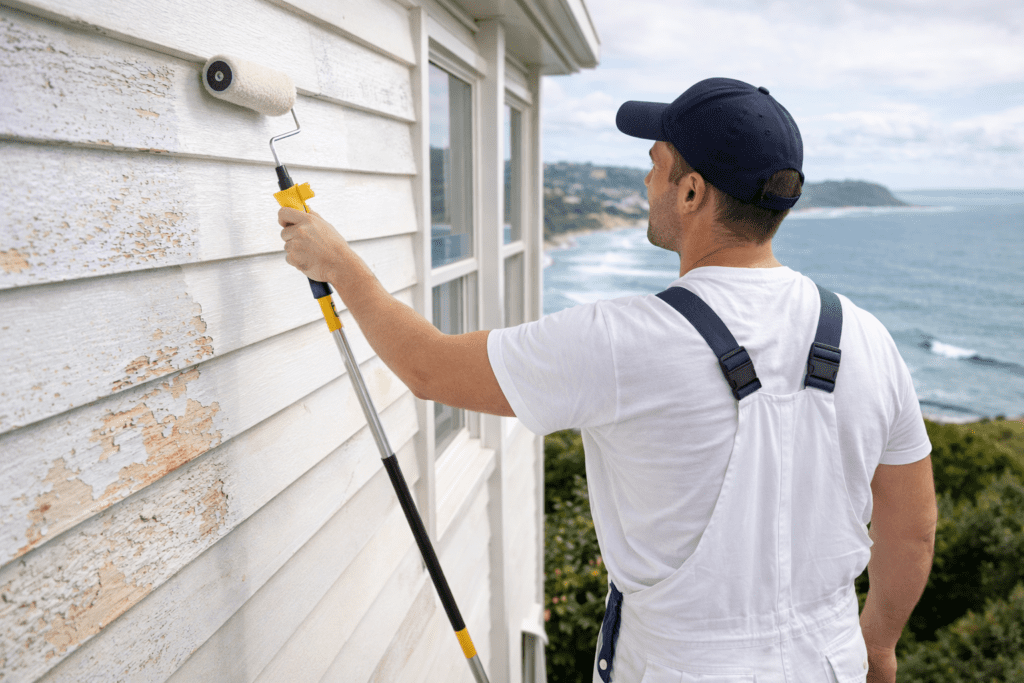 Painter applying weather-resistant paint to a Sydney coastal home