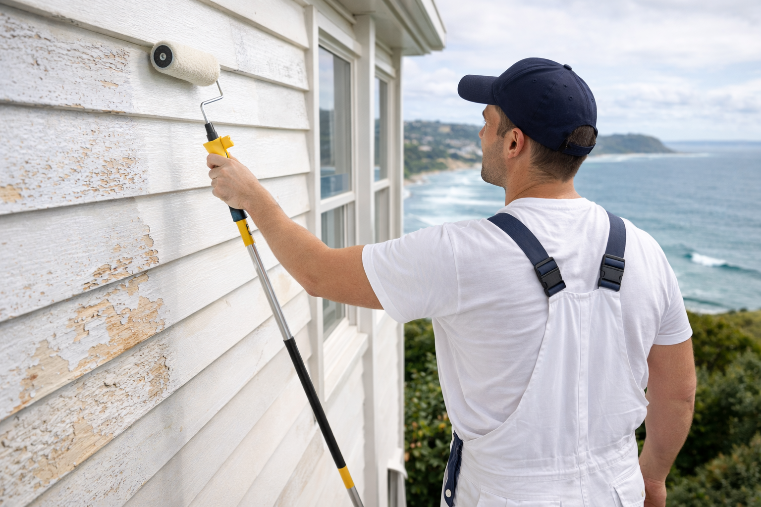 Painter applying weather-resistant paint to a Sydney coastal home