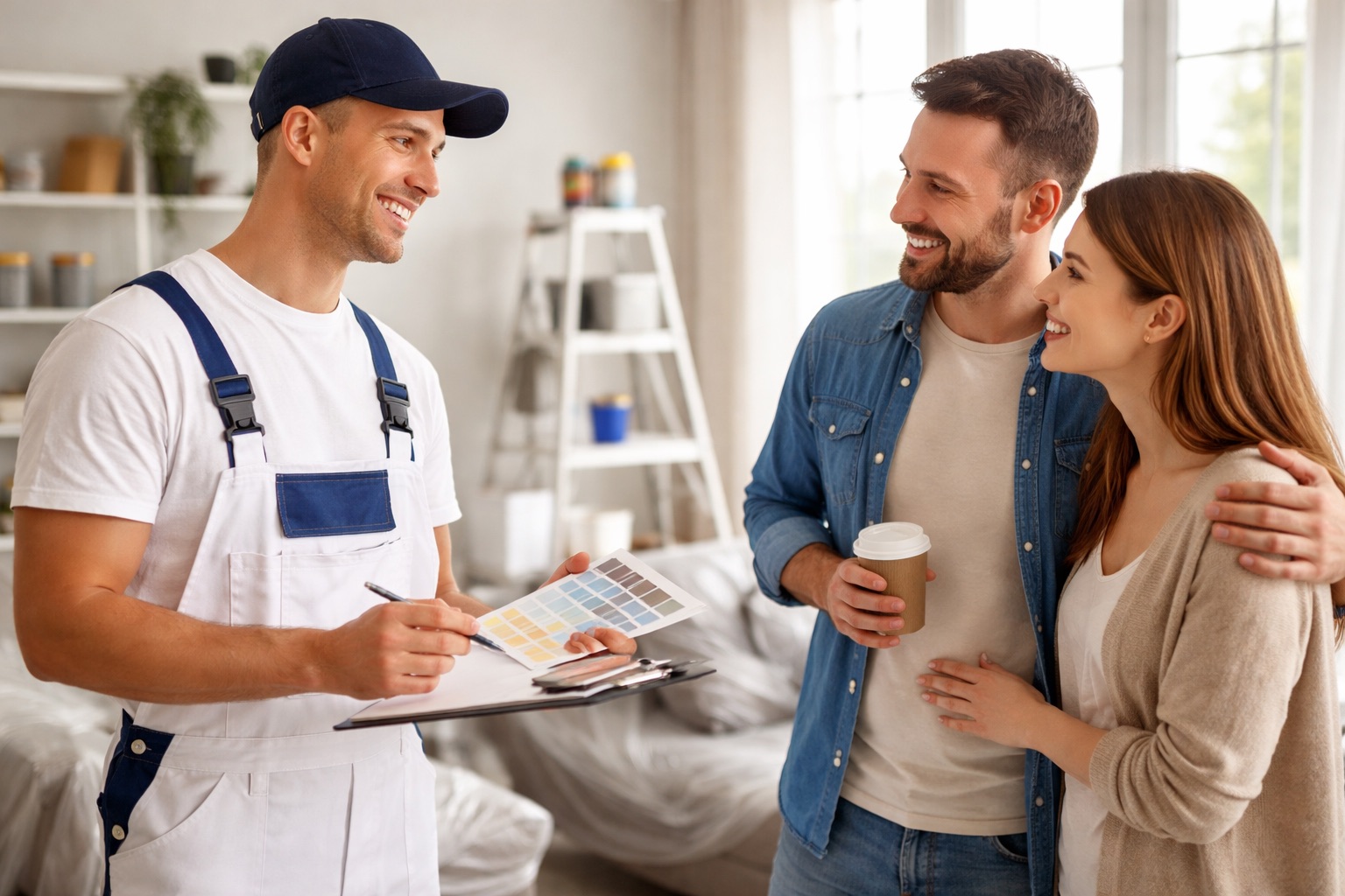 house painter consulting with home owners