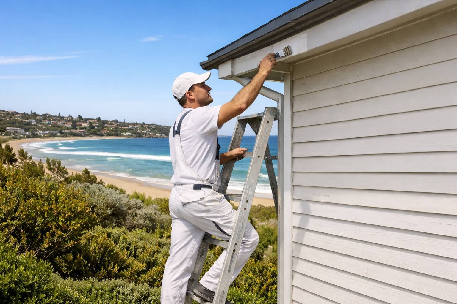 local painter working on a coastal home