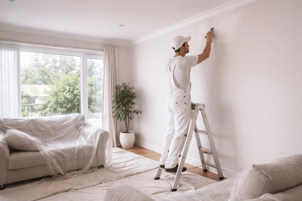 Professional painter patching an interior wall in an Upper North Shore NSW home