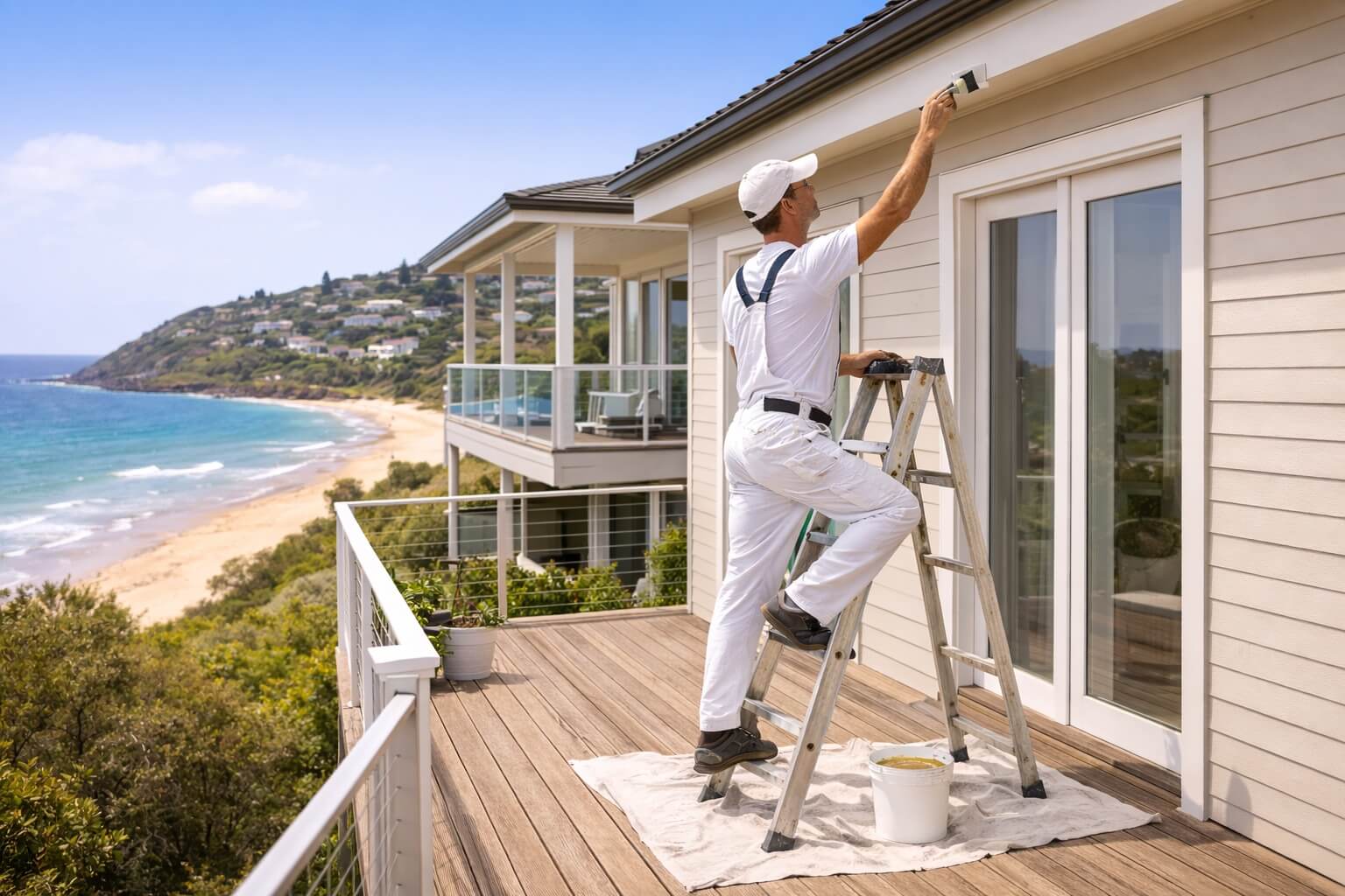 painter working on exterior house