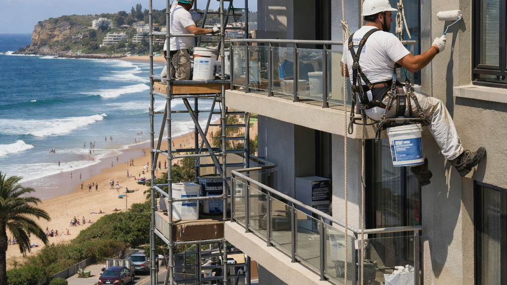 Professional painters maintaining coastal apartment exterior in Dee Why