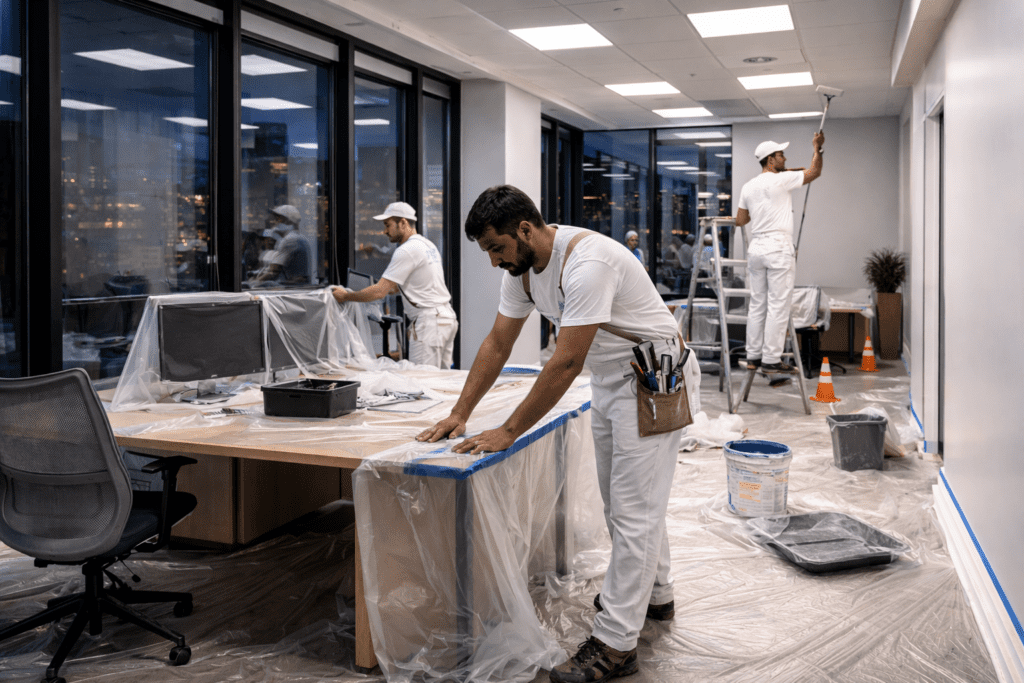 office painting team working at night in modern workspace